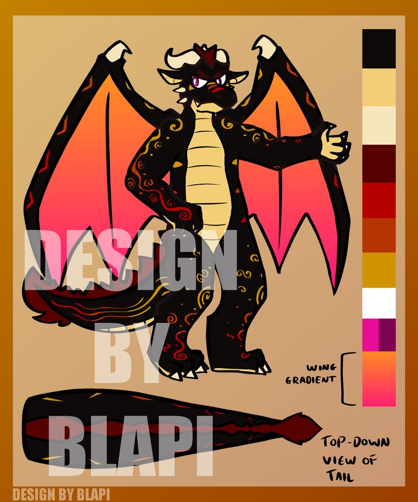 a reference sheet of a black and tan dragon character with various yellow, orange, and red swirls along their body. their wings are yellow and pink