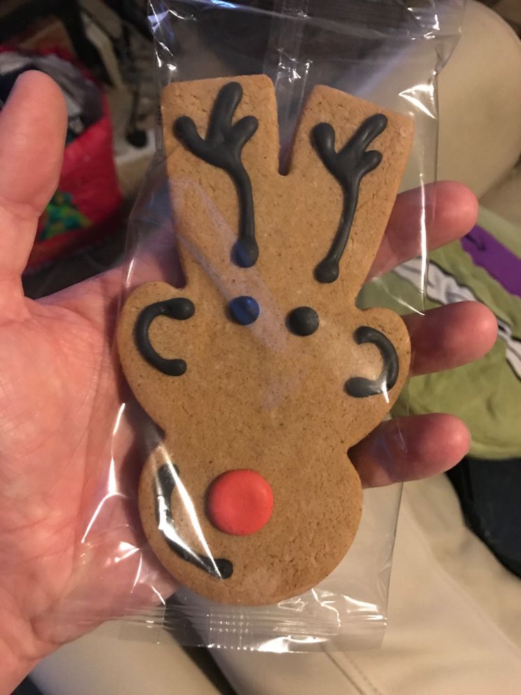 Gingerbread reindeer that is clearly just a gingerbread person iced differently 