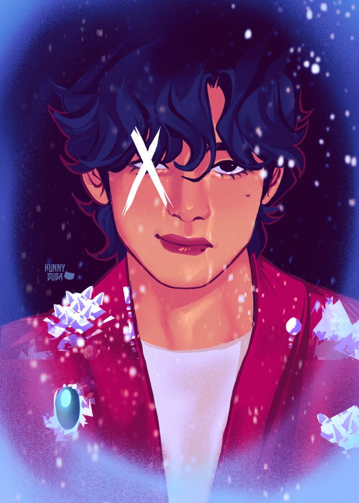 Red jacket Taehyung from Winter Ahead mv with a white x over his left eye