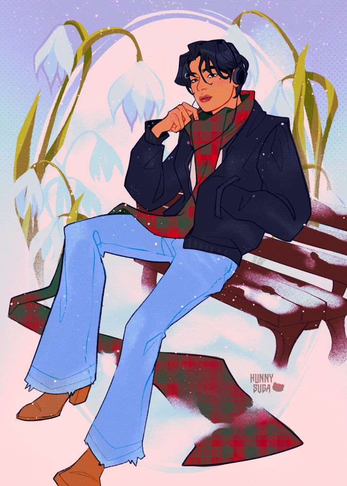 Taehyung sitting on a snowy bench with snow drop flowers in the background.