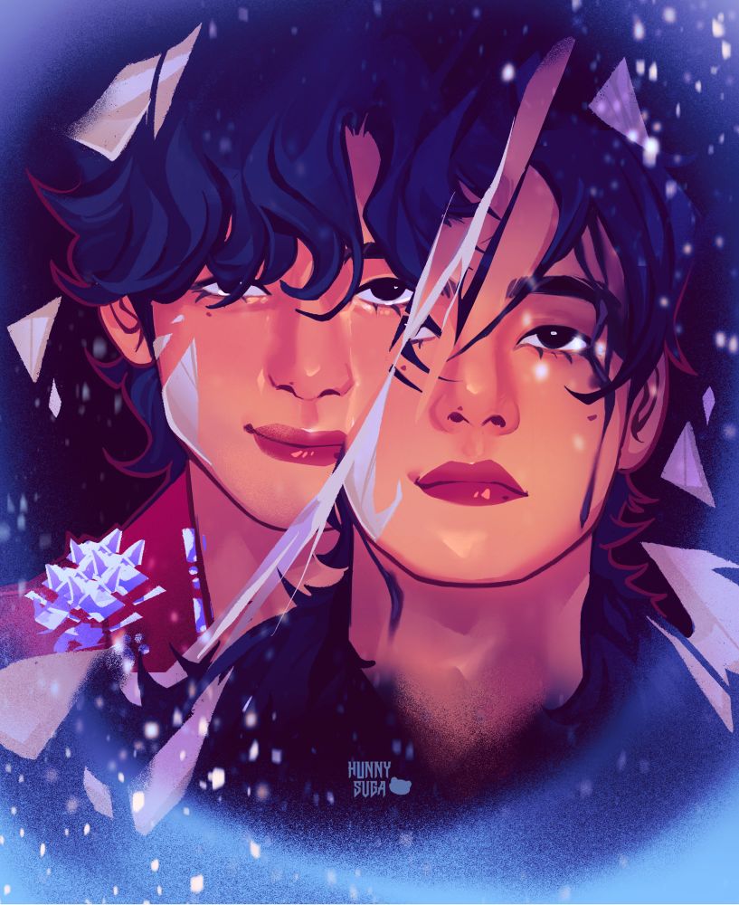 Two Taehyung’s from Winter Ahead, shattered down the middle revealing clay underneath and surrounded by snow