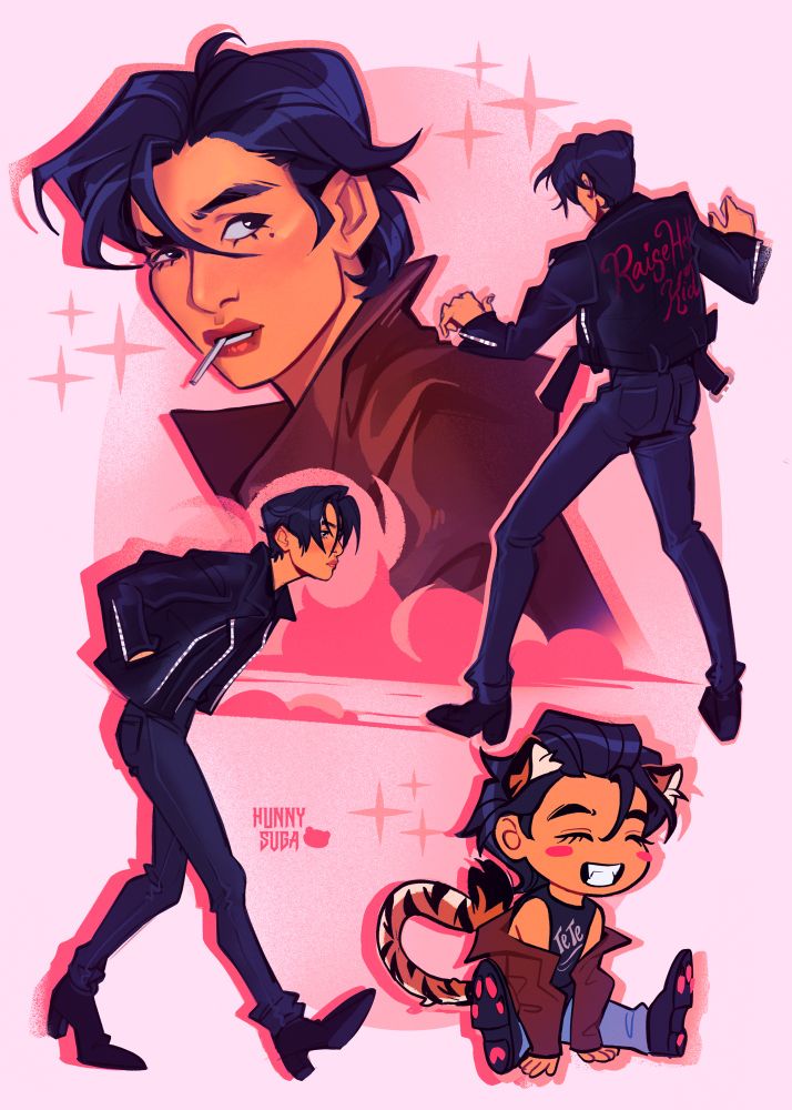 A few different poses of Taehyung dressed in his Fri(end)s and one of his Permission To Dance: Las Vegas outfits on a pink background, as well as a tiny chibi of him as a tiger