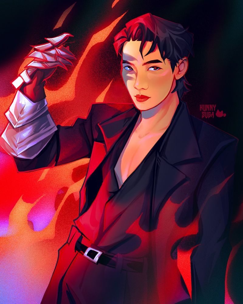 Hobi with a gauntlet from armor on his raised hand, surrounded by fire. Shadows dance across his face as he looks at the viewer.