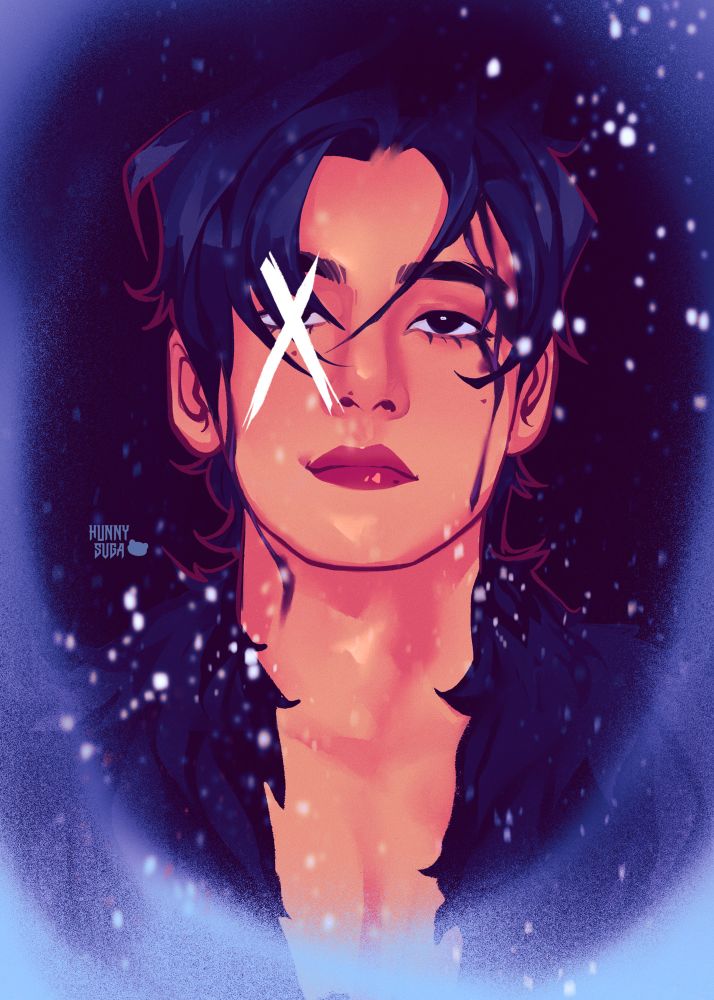 Bloody forehead Taehyung from Winter Ahead mv with a white x over his left eye
