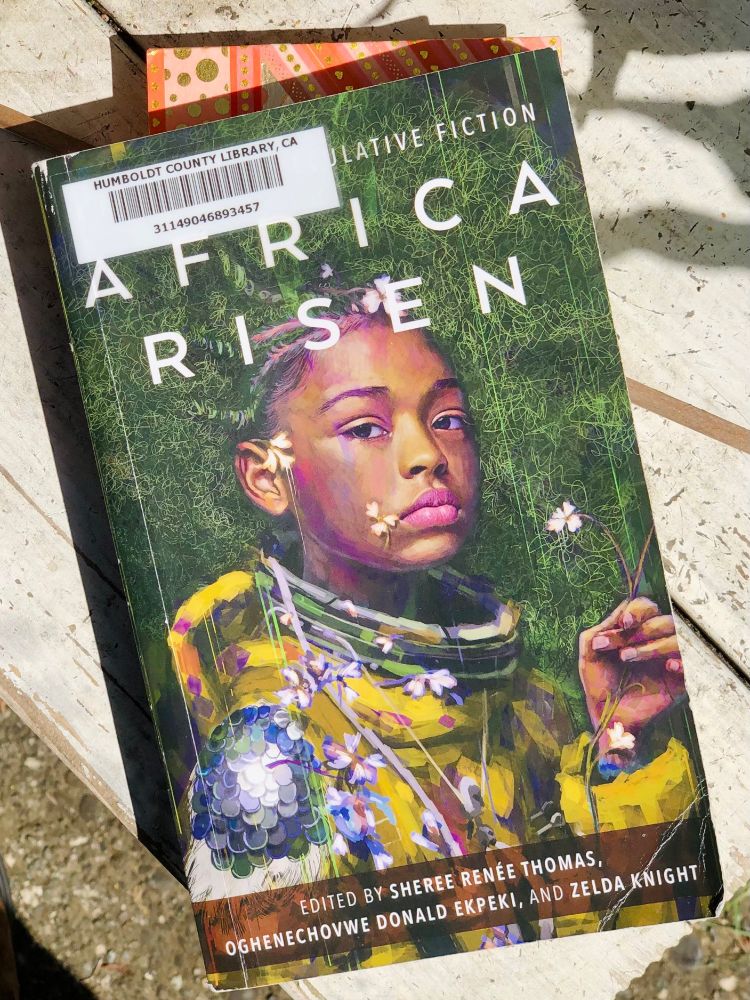 Cover of AFRICA RISEN: A New Era of Speculative Fiction, edited by Sheree Renée Thomas, Oghenechovwe Donald Ekpeki, and Zelda Knight

Cover image: painting of a Black youth with braids in a stylized astronaut suit on a leafy background; there is a sticker from the Humboldt County Library, CA obscuring the subtitle

Cover art by Manzi Jackson based on photo by CreativeSoul Photography 