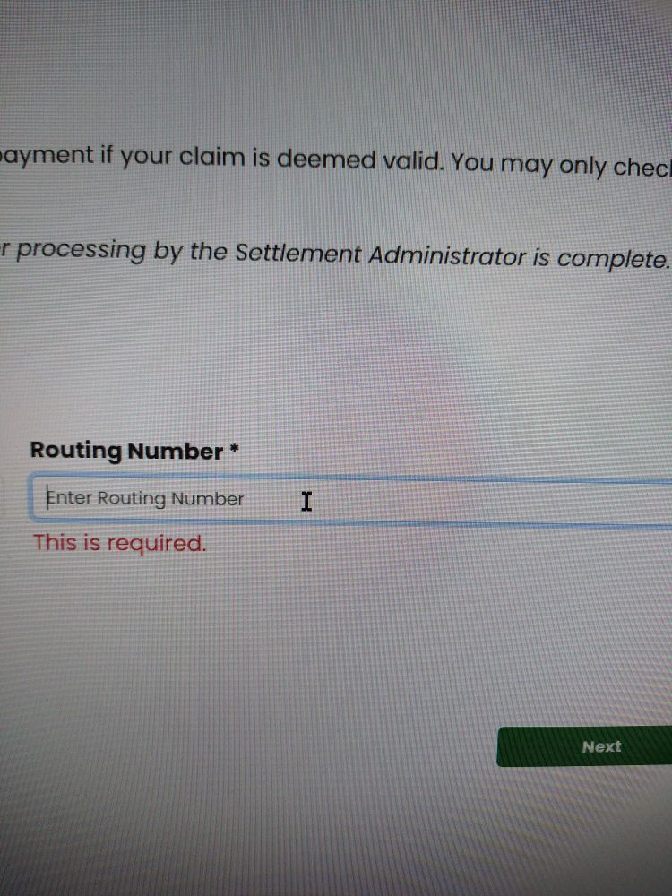A screenshot of an electronic form. The field reads "Routing Number".