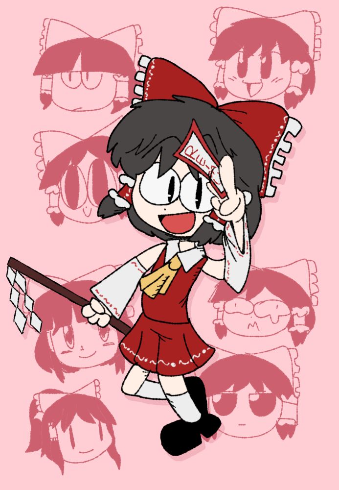 A drawing featuring Reimu Hakurei alongside various versions of the character in the background (including a Yukkuri, Fumo, Sr. Pelo's version and a Walfa)