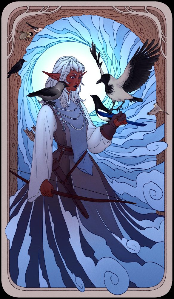 Una mujer de piel oscura, ojos y pelo plateados sostiene un arco. Sobre su vestido capeado, cuelga a la cintura una aljaba con varias flechas. Su ropa se convierte en una niebla que la rodea formando un halo en el fondo, tras su cabeza. La escena está enmarcada por un arco de ramas entrelazadas. A su alrededor se acomodan varios pájaros: estornino negro, carbonero garrapinos, mito y herrerillo bicolor. En su hombro derecho descansa una grajilla mientras que en su otro brazo se posa una urraca y una corneja cenicienta está a punto de aterrizar en su mano.