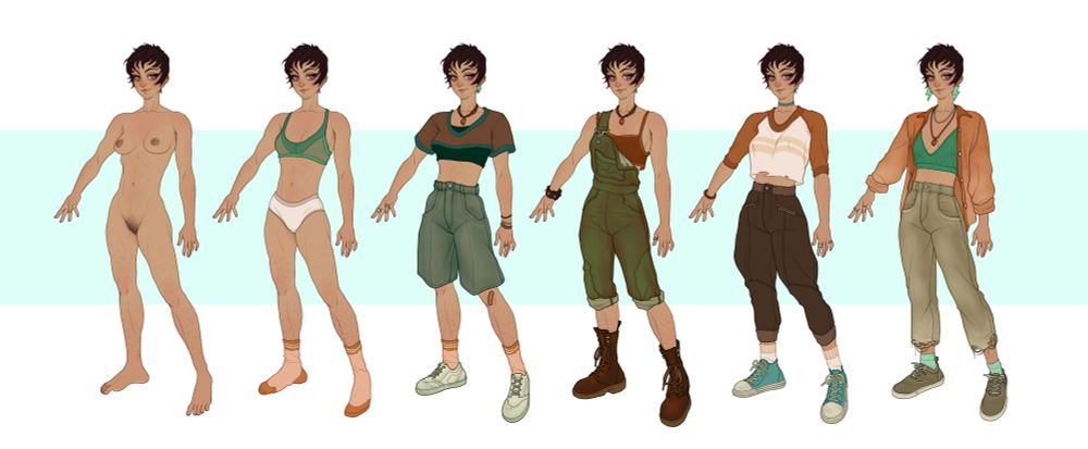 Serie de ejemplos de atuendos para un personaje. Ella es de piel clara, levemente tomada por el sol. Lleva un corte de pelo bastante masculino, muy corto y pegado a la cabeza, pero lleno de mechones algo alborotados que le rodean la cara. Es más alta que la chica anterior y con cuerpo atlético y de espalda amplia. De nuevo vemos seis iteraciones del personaje: primero desnuda, segundo en ropa interior cómoda y después cuatro combinaciones de atuendos. Muy desenfadados, cómodos y evidenciando que es una chica bastante butch. 