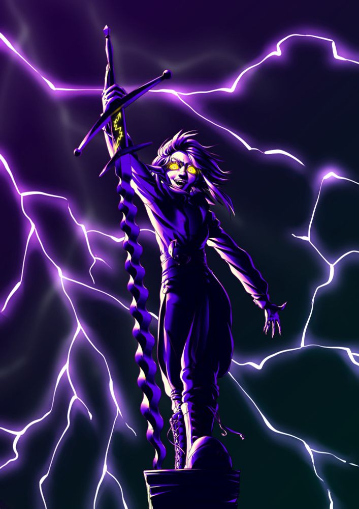 Una chica apoyada en una espada flamígera se alza ante un cielo lleno de relámpagos. Ella sonríe y sus ojos brillan tanto como el rayo grabado en su espada.