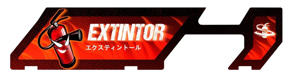 Banner para el battlepass de Beyblade X. Tiene un diseño con llamaradas en el fondo y un extintor rojo con una cara picarona dibujaba encima. Se puede leer la palabra "EXTINTOR" en español y en katakana. 