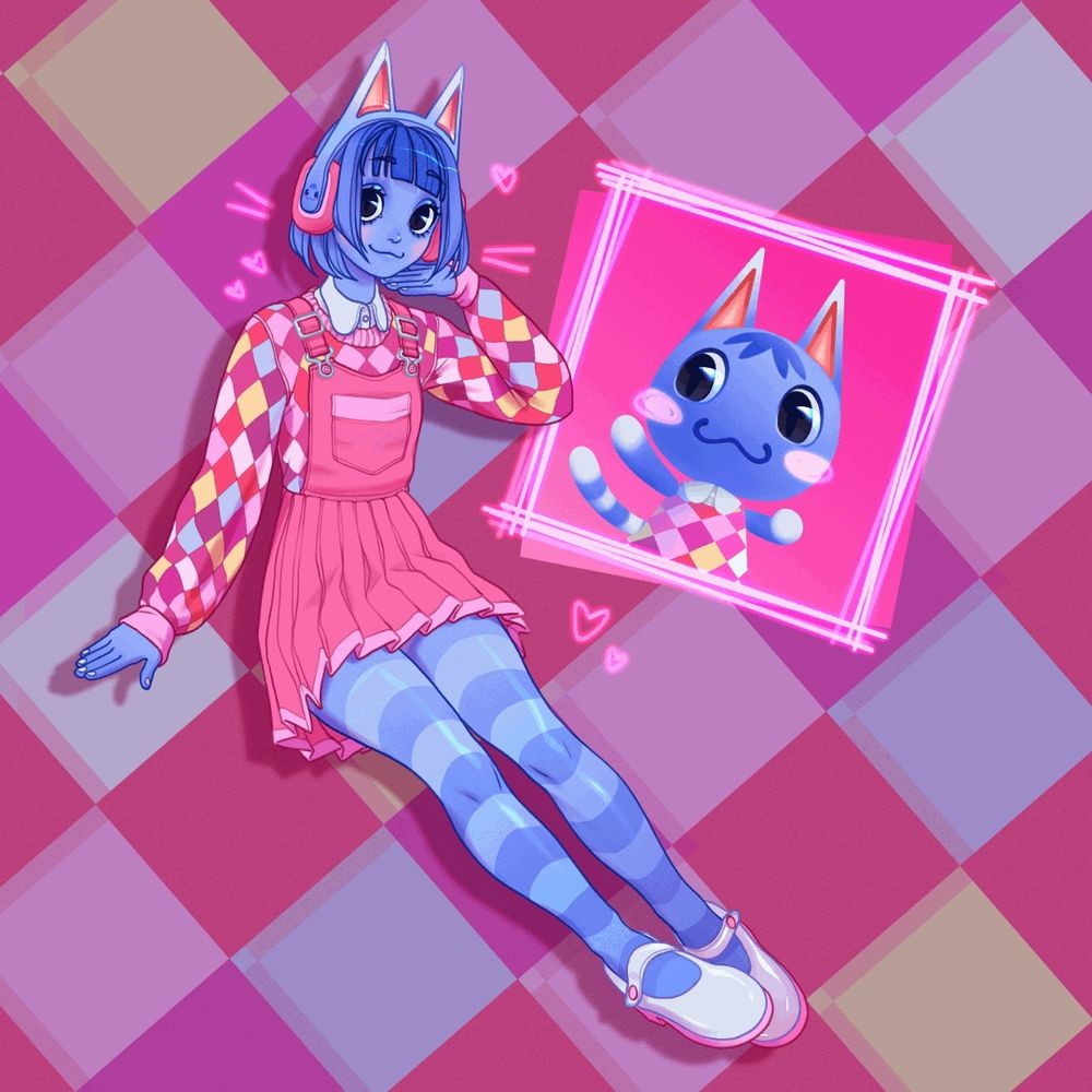 Humanización de Minina de Animal Crossing. Con la misma expresión sonriente que en su versión original (enmarcada en una pequeña ilustración a su lado), lleva unos cascos que recuerdan a sus orejas de gato y el pelo corto a juego con su piel azulada. Lleva un jersey con el mismo estampado de rombos que su vestido original y encima un peto rosa con falda a tablas. Sus medias alternan blanco y azul a rayas y sus zapatos son de charol blanco.