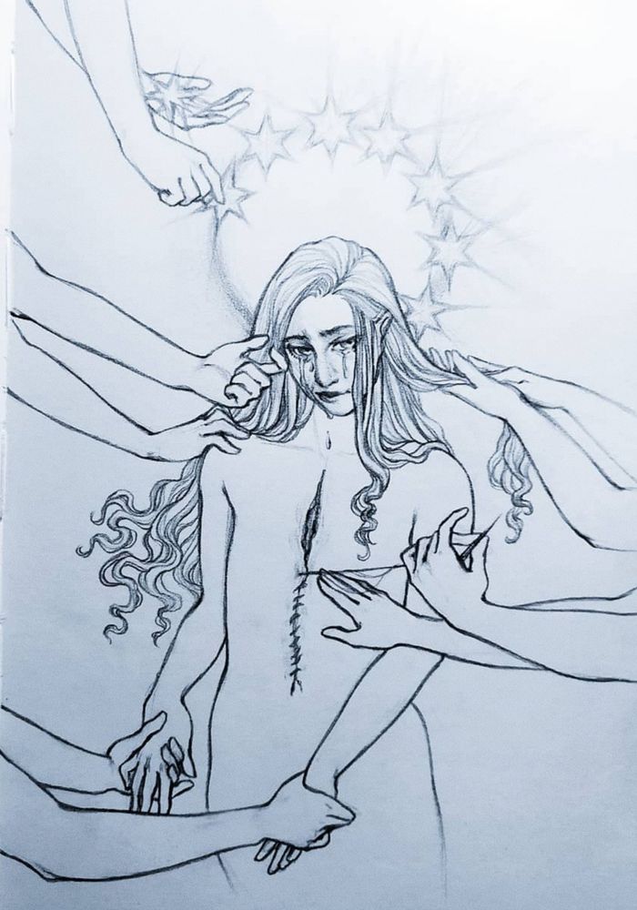 Una persona está siendo cuidada de distinta forma por otras cinco cuyos brazos aparecen desde fuera de la escena. Hay alguien que sostiene sus manos, alguien que le acaricia el pelo, otra persona seca sus lágrimas, otra coloca estrellas brillantes en un halo (como el de una virgen) tras su cabeza y una última sutura con cuidado una gran brecha en su pecho. La protagonista, aunque llora, parece estar empezando a sonreír.