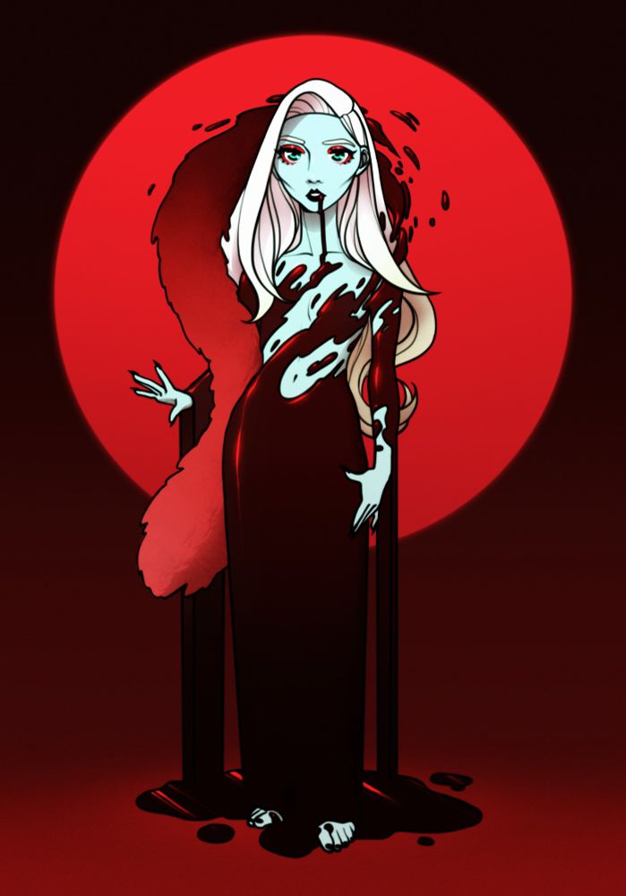 Una chica esbelta con abundante pelo rubio, ojos muy brillantes y piel verdosa. Su vestido está hecho de sangre salpicada por su torso de forma irregular hasta caer hasta el suelo como una falda ceñida, cubriendo sus piernas, dejando también un charco en el suelo. Algunas de las gotas de sangre flotan a su alrededor y, pasando por detrás de su cabeza, se convierten en una boa de plumas que descansa sobre su hombro derecho. De su boca cae un hilillo de sangre que se fusiona en el pecho con el resto del vestido, dándonos a entender que es una vampira.