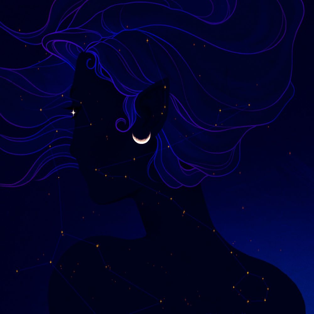 En un cielo recién anochecido, las constelaciones de la Ballena, Aries y Piscis se superponen sobre la silueta de una mujer cuyo pelo parece fluir por el firmamento. Casi nos está dando la espalda, pero vemos su mitad izquierda del rostro. Dos cuerpos celestes destacan sobre todos los demás: Júpiter como un destello en su ojo y la Luna creciente descansando sobre el lóbulo de su oreja, como un pendiente. 
