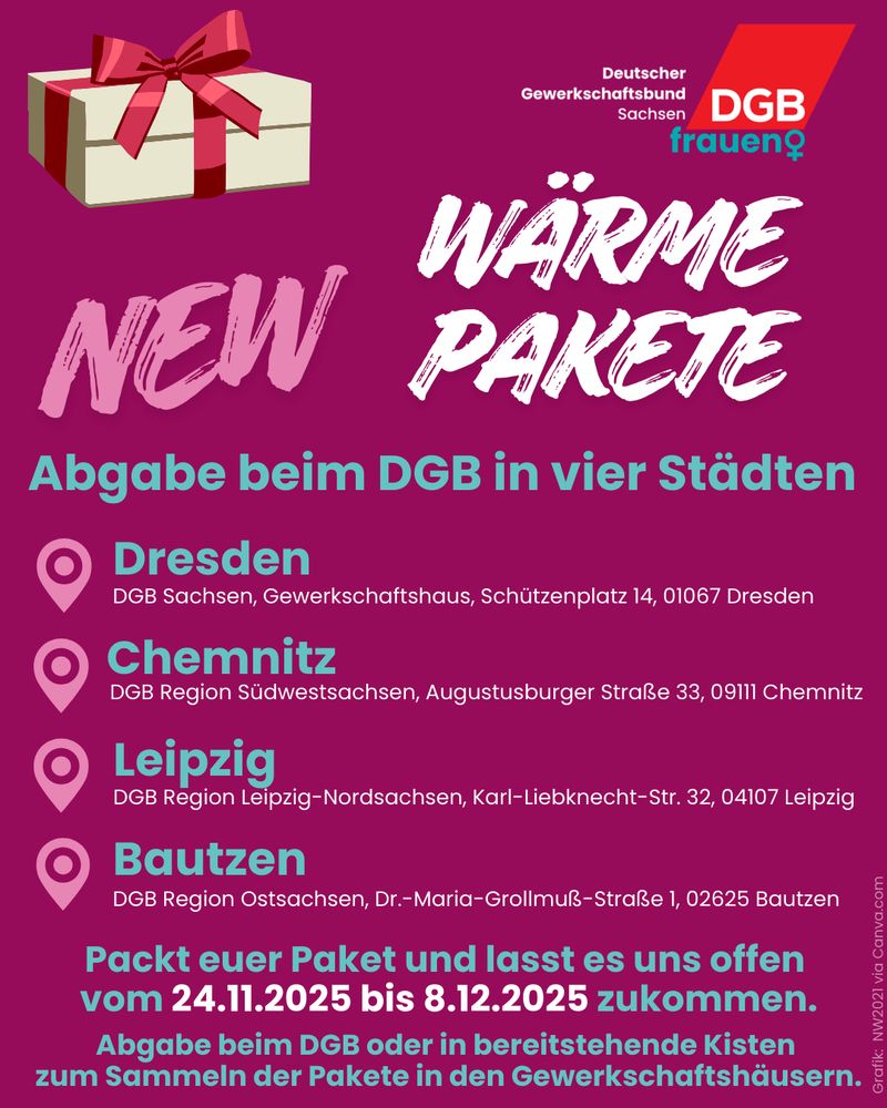Auf der Kachel ist ein Geschenkkarton mit roter Schleife abgebildet. Auf der Kachel steht: Wärmepakete. Abgabe beim DGB in vier Städten. Dresden: DGB Sachsen, Gewerkschaftshaus, Schützenplatz 14, 01067 Dresden. Chemnitz: DGB Region Südwestsachsen, Augustusburger Straße 33, 09111 Chemnitz. Leipzig: DGB Region Leipzig-Nordsachsen, Karl-Liebknecht-Str. 32, 014107 Leipzig. Bautzen: DGB Region Ostsachsen, Dr.-Maria-Grollmuß-Straße 1, 02625 Bautzen. Packt euer Paket und lasst es uns offen vom 24.11.2025 bis 8.12.2025 zukommen. Abgabe beim DGB oder in bereitstehende Kisten zum Sammeln der Pakete in den Gewerkschaftshäusern. 