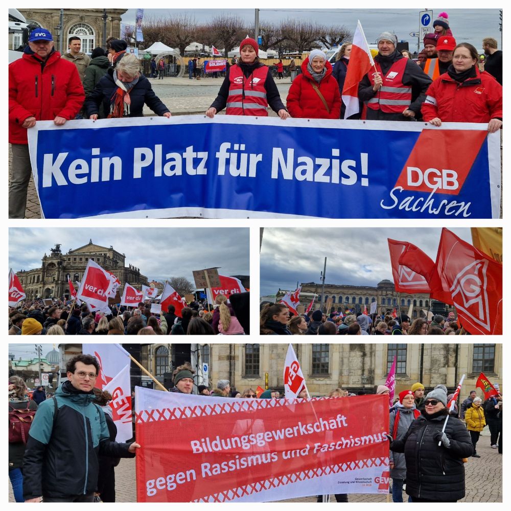 Es handelt sich um eine Collage aus 4 Bildern, auf denen Teilnehmerinnen und Teilnehmer der Demo mit Gewerkschaftsfahnen und Bannern zu sehen sind.