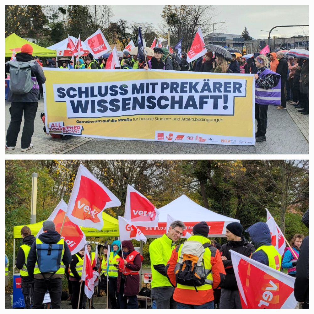 Bilder vom heutigen Hochschulaktionstag in Dresden. Zu sehen sind Demonstrantinnen und Demonstranten zum Teil in Streikwesten und mit Fahnen von ver.di und GEW. Außerdem ist ein Demobanner zu sehen. Dort steht: Schluss mit prekärer Wissenschaft! Gemeinsam auf die Straße für bessere Studien- und Arbeitsbedingungen.