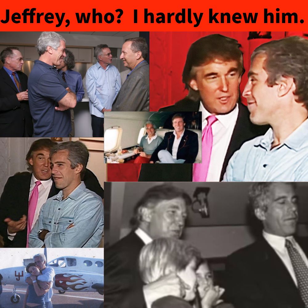 Varies photos of the felon with Epstein and others. The caption reads - Jeffrey, who?  I hardly knew him. 