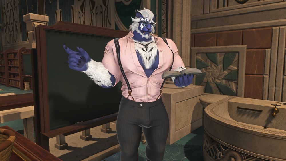 Hakan standing in front of a chalkboard as he reads from a book, his shirt can barely contain his massive chest and the rest of his attire really hugs his muscular figure