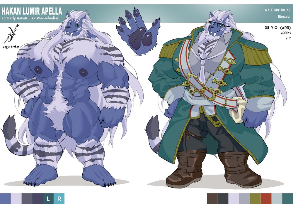 Reference sheet for Hakan Lumir Apella, a hrothgar with indigo and white fur. 

His physique: highly muscular with extremely large pectorial muscles that resemble breasts.
His outfit: A green coat over a gray shirt that hug his figure, his chest barely fits. He wears rectangular glasses.
Extra details: he has black stripes and his right eye is a lighter shade of green than his left. He also has an extremely long and voluminous mane. He has pawpads.

Bio:
He is 35 at ARR.
Formerly "Hakan Ster" Pre-Endwalker as he got married.
He is 7'1" tall. 
Male.
Bisexual.
He is considered a Magic Archer- an extension of his Scholar roots.