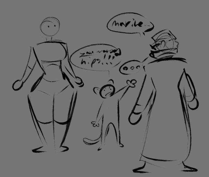 I'm terrible with alt text, but that tiny creature with the ears and tail is Kat. Also for a bit of context, if I remember correctly, Siren once mentioned wanting wider hips for holding weaponry in the game I'm in.

Also for those who can't ready my GOD AWFUL hand writing:

Siren: Marine...
Kat: YOU wanted hips!!!
Siren: ...

