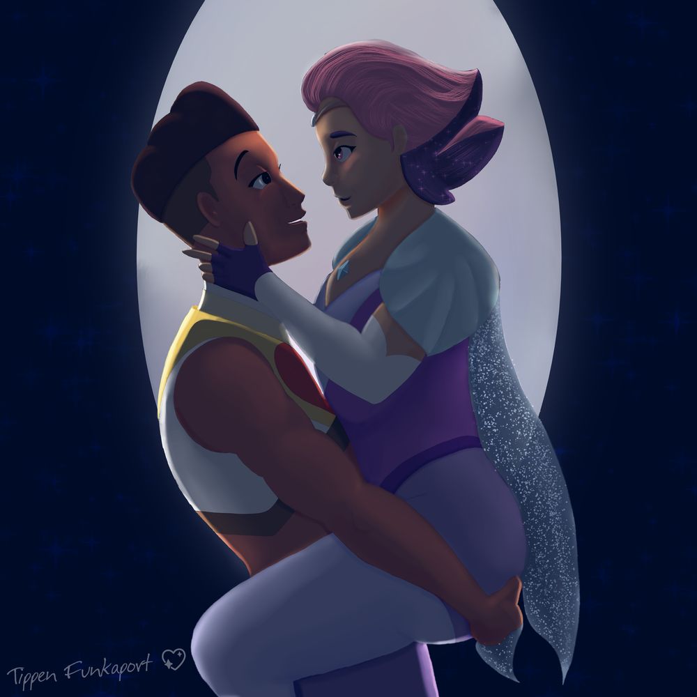 Fanart of Glimmer and Bow from She-Ra and the Princesses of Power. Bow is holding Glimmer up by her thighs and she is looking into his eyes. The moonstone glows behind them. 
