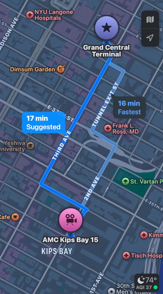 Apple Maps charting the distance from the AMC Kips Bay on 32nd Street & Second Avenue to Grand Central Terminal.