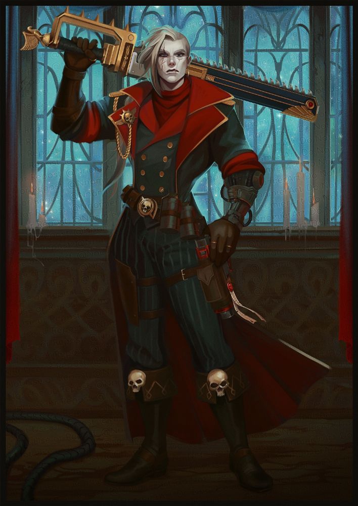 The user's rogue trader OC depicted in an old painting style to be hung in the game's bedroom. He is a voidborn wearing a commander's coat with pale hair and skin, one eye blind grey and the other brown. A large scar sits over his face and a mechanical prosthetic is affixed to his left arm; the opposite holds a chainsword over his shoulder.  | ☕ 
