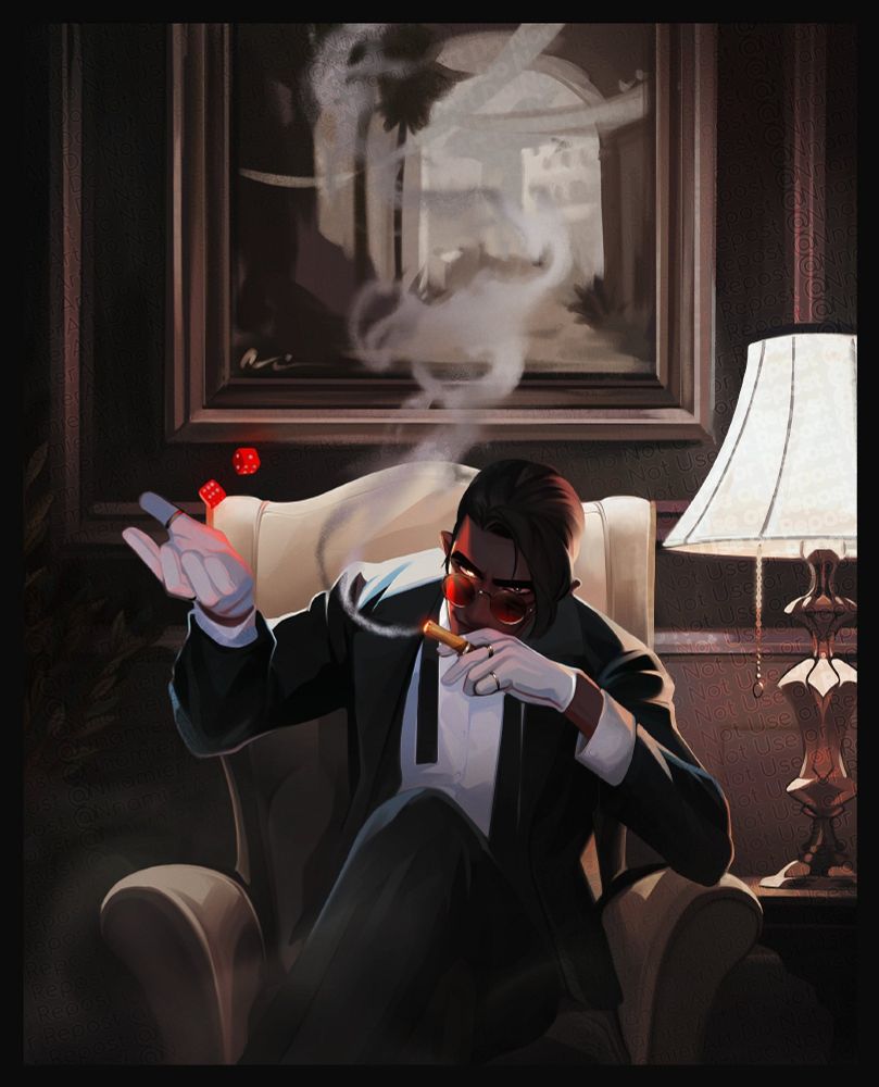The artist's drow oc seated in a white leather chair, he has a large canvas painting behind him and a vintage lamp beside him. Red frames sit on his face and he is dressed in a suit with an undone tie, white gloves and cigar in hand.  Red, glowing dice are tossed from his right hand.