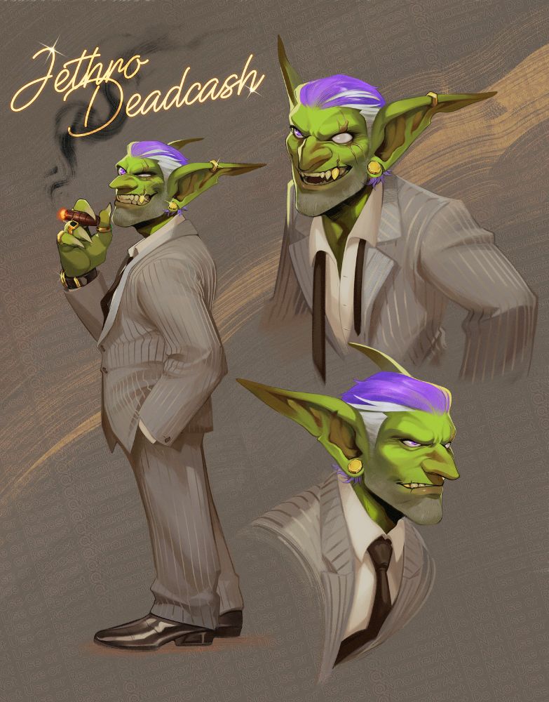 The image depicts the user’s Warcraft Goblin OC with vibrant green skin in 3 different angles, violet hair with graying sideburns and a 5'oclock shadow. One eye matches his hair while the other is a milky white and slightly wandered, blind, with a large scar over the damaged one. He wears money like he isn't used to having it, gaudy, in a pinstripe suit and chunky gold jewelry and gold fang caps. 