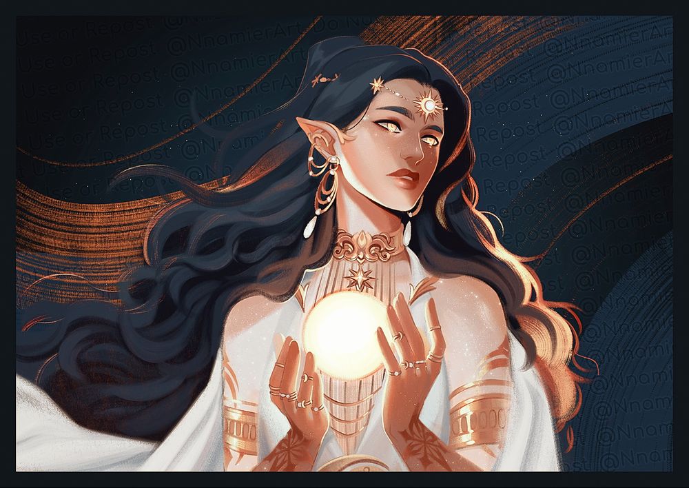 An illustrated piece of the client's BDO oc with celestial theming, holding a golden orb in her hands. She has long wavy black hair and a white gown with little gold and pearl moon and star themed accessories. | ☕