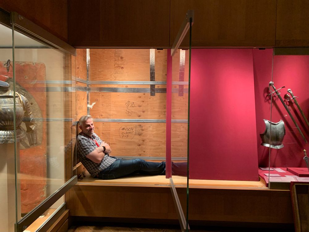 Ted inside a museum case. Waiting.