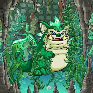 A maraquan skeith neopet in a cave full of kelp