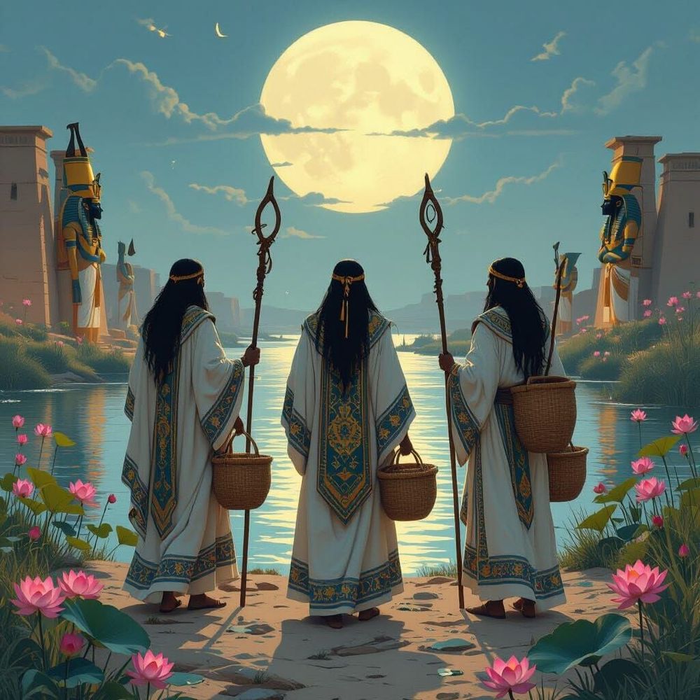 This image shows druids in a moonlit Egyptian landscape trading with gods. The art blends mystical styles, with embroidered robes, golden headdresses, and lotus...