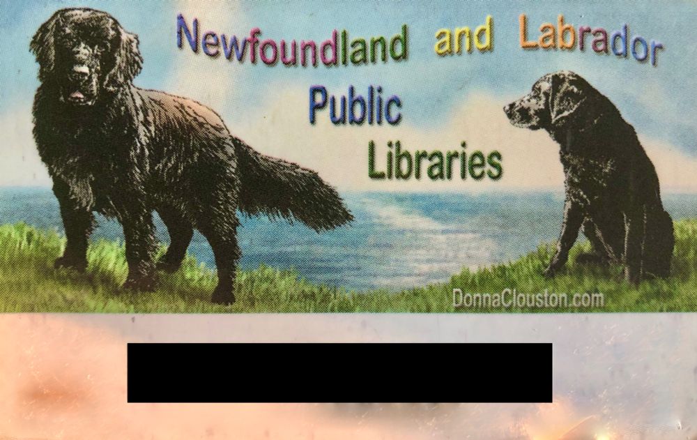 A provincial library card fro Newfoundland and Labrador, showing a painting of a Newfoundland and a Labrador (dogs).