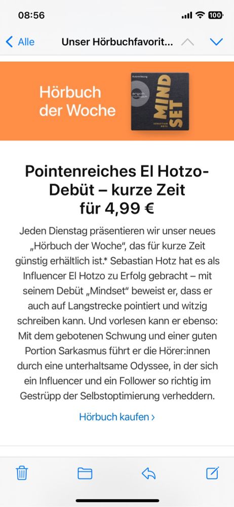 Screenshot einer Mail, die auf das Hörbuch der Woche, das „Pointenreiche El Hotzo-Debüt“ hinweist.