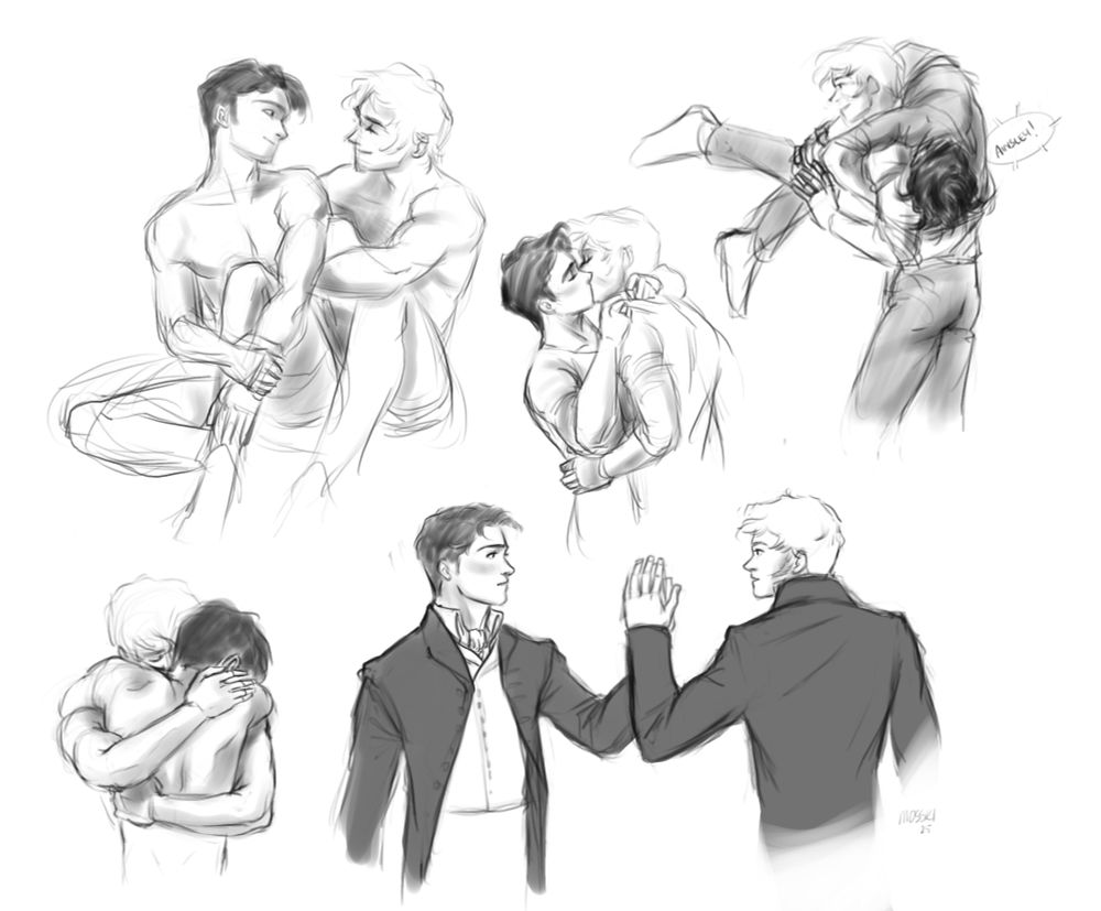 A sketch page of OCs - Harris(mine), and Ainsley(friend’s). They start as friends, and slowly grow in to much more. 
top left: Harris and Ainsley sitting together. Harris has his arms around his leg and is looking sweetly at Ainsley who has scooted up next to him. 
Top mid: they kissin’
Top right: Ainsley has slung Harris over his shoulder and Harris has his arms wrapped around Ainsley’s shoulder, holding on
Bottom left: Ainsley and Harris in an embrace
Bottom right: Harris and Ainsley falling for each other as they dance together at a ball in Ainsley’s home town
