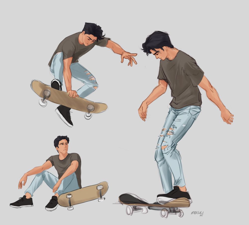 3 skateboarding poses of my character, Harris, in a modern AU setting. Top left he’s making a jump and grabbing his skateboard. Bottom left pose is Harris sitting on the ground, looking to the right. His arms are resting on his legs and his skateboard is leaning against his hip. The pose on the right, he’s standing mostly straight, looking down at how skateboard. He has one foot on the board, and his arms are slightly away from his body balancing himself out.