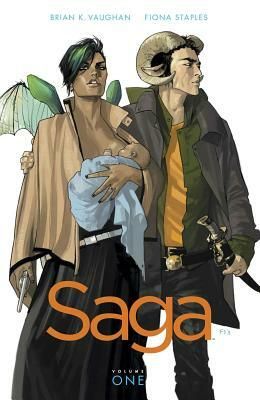 The cover of Saga Volume One by Brian K. Vaughn and Fiona Staples. The three main characters: Alana, her husband Marko, and their infant. Alana is nursing the baby as she holds a handgun ready at her side. She has insect-like wings. Marko has one arm around her and the other arm holding a sheathed sword. He has ram-like horns.