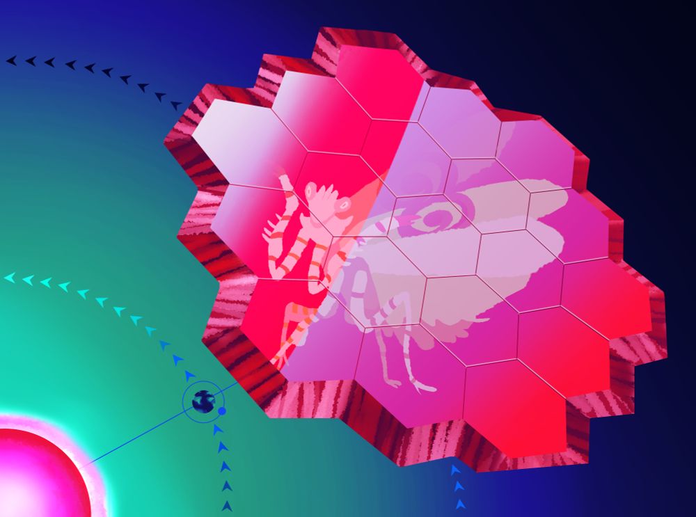 Digital illustration. In the style of a vintage science textbook, a red-tinted, stylized version of the James Webb space telescope orbits a burning red star. The orbit is indicated by small arrows in a circular pattern. Between the star and the telescope, a small Earth with its moon also orbits. On the telescope's surface, the reflection of a jeweled praying mantis.