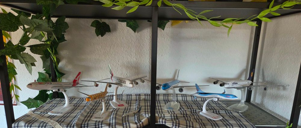 A shelf with a collection of model planes on it. 4 large ones, 2 smaller ones, and 1 tiny one.