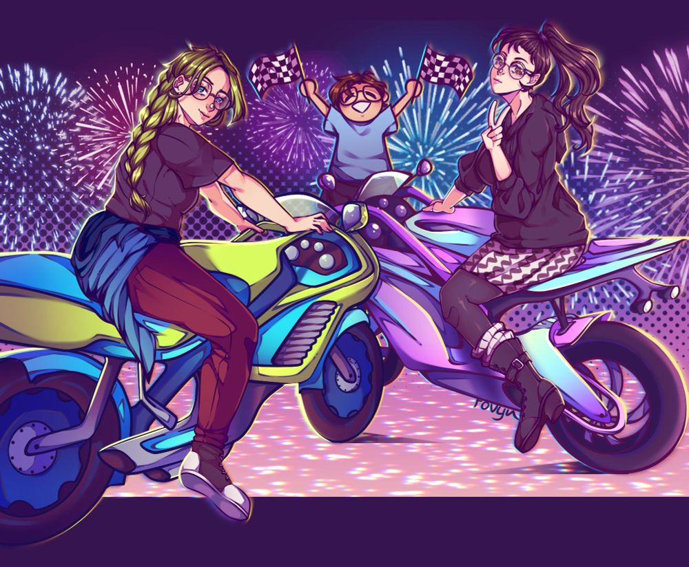 A digital, anime-style drawing of two young women on motorcycles, and a guy in the middle of the background holding up two checkered flags for them.
The girl on the left has green, braided hair and blue eyes, her expression a smug smile as she confidently sits atop a bright green and cyan coloured motorbike.
The girl on the right is holding up a peace sign, her expression cool and content, sitting atop a pink motorbike with yellow-cyan-purple gradients on some surfaces. Both girls are facing towards the middle of the image, and both are wearing casual outfits.
The person in the background is looking very happy, drawn rather simplified wih a bigger head and nubby hands. Also in the background are some fireworks going off, and the ground beneath the motorbikes is reflecting lots of dotted little lights.