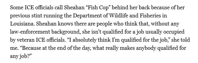Some ICE officials call Sheahan "Fish Cop" behind her back because of her previous stint running the Department of Wildlife and Fisheries in Louisiana. Sheahan knows there are people who think that, without any law-enforcement background, she isn't qualified for a job usually occupied by veteran ICE officials. "I absolutely think I'm qualified for the job," she told me. "Because at the end of the day, what really makes anybody qualified for any job?"