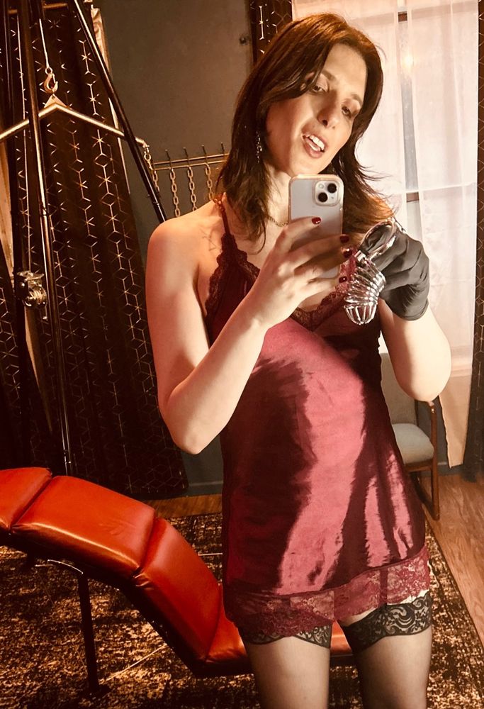 Mistress Twilighy DeLuge stands facing a mirror in a dungeon with dungeon equipment  in the background. She is wearing a burgundy lace hemmed slip, nylon garter and thigh high lace hemmed panty hose. She has long brunette hair, full face makeup. In one hand she is holding a silver stainless steel chastity cage. She is smirking. 