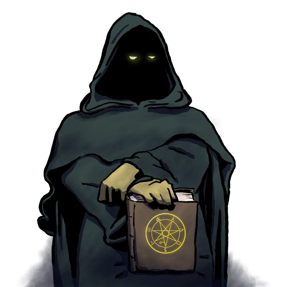A sinister looking figure in a cowl, holding a book with a sigil on its cover. Murky digital colors.