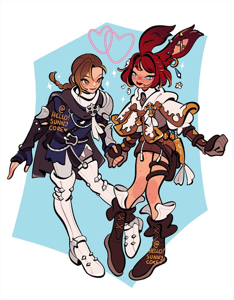 cartoony illustration of two FFXIV characters: a human male with braided brown hair, dressed in a knightly blue and white outfit, draped in dark cape, and a freckled redhead viera dressed in a white and brown adventuring outfit, with a white shoulder cape with gold details. they are holding hands and smiling at each other, with hearts and little sparkles around them.