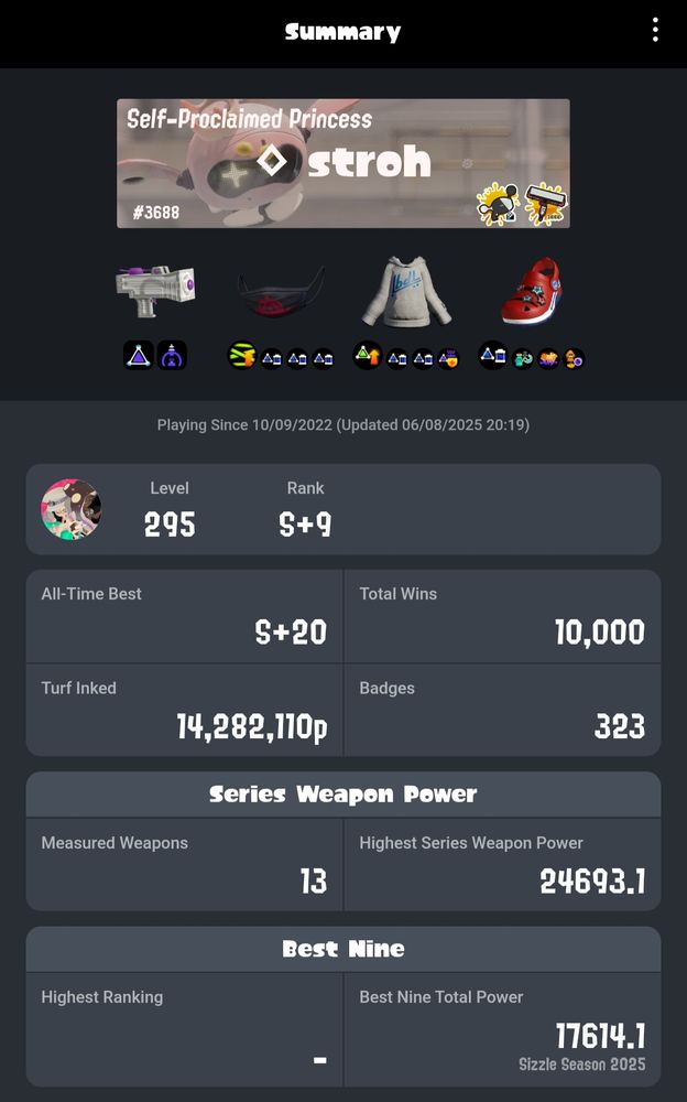 An image of the SplatNet3 app from strohkoenig, displaying his total win count at exactly 10,000.