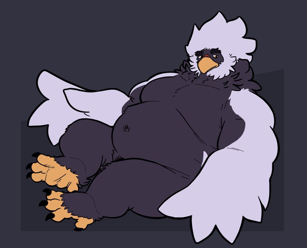 a relaxed, well-built anthropomorphic braviary with a poofy mane glances off to the side. what does he see?