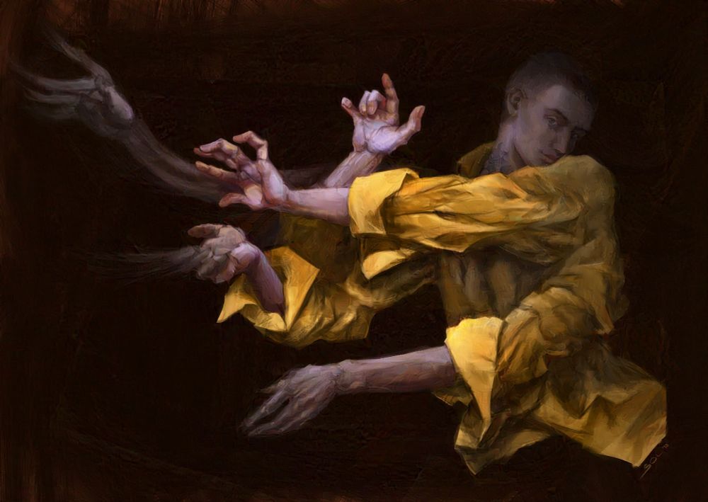 a young men with multiple hands in chiaroscuro technique. he wears a yellow shirt, has a floral neck tattoo and is looking playful over his shoulder